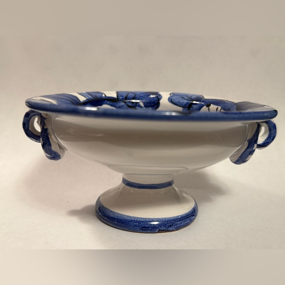 Vintage Signed Studio Art~Charming Blue and White Pedestal Bowl or Trinket Dish